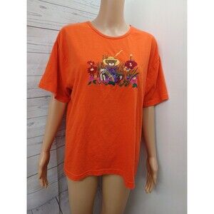 Vtg Bobbie Brooks Orange T Shirt Flowers Teddy Bear Embroidery Short Sleeve Sz L